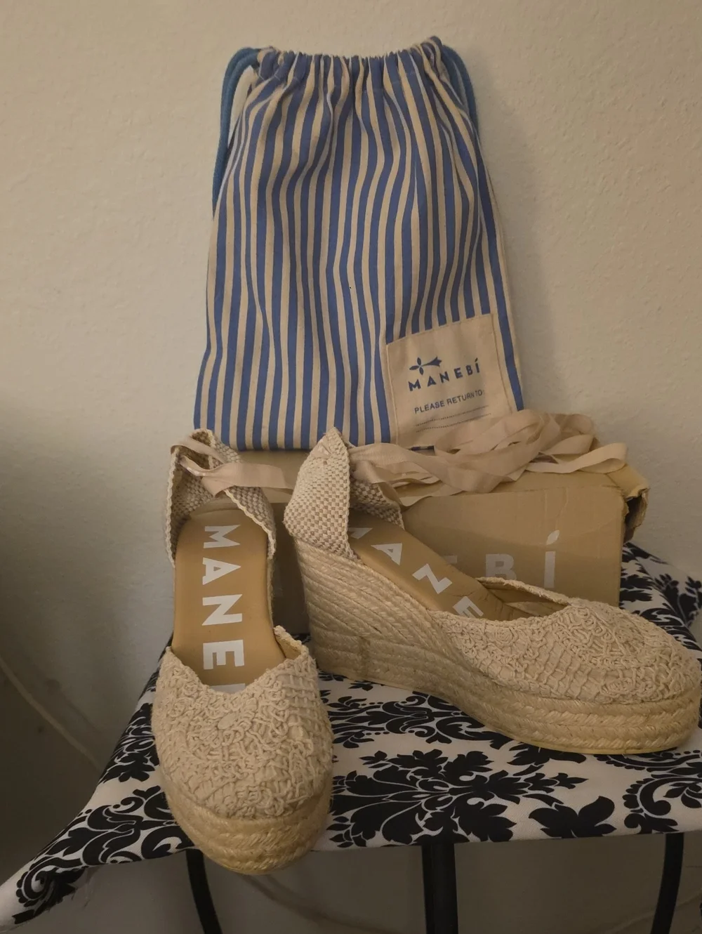 Manebi Women's Yukatan (Natural) Cotton Crochet Wedge Espadrilles US Size 11